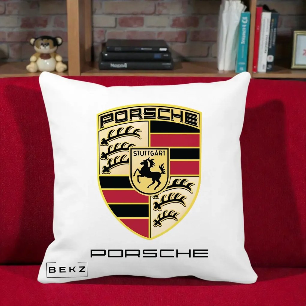 Perna Personalizata Porsche Stuttgart, 40x40 cm, Alba Mata, Husa Detasabila, Perna Inclusa, BEKZ®