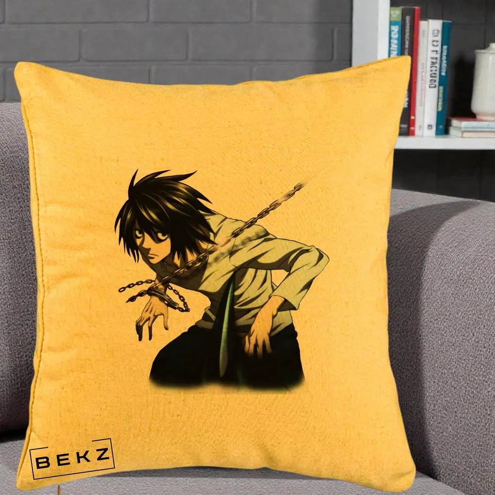 Perna Personalizata Death Note L Lawliet Lanturi, 40x40 cm, Galben, Husa Detasabila, Perna Inclusa, BEKZ®