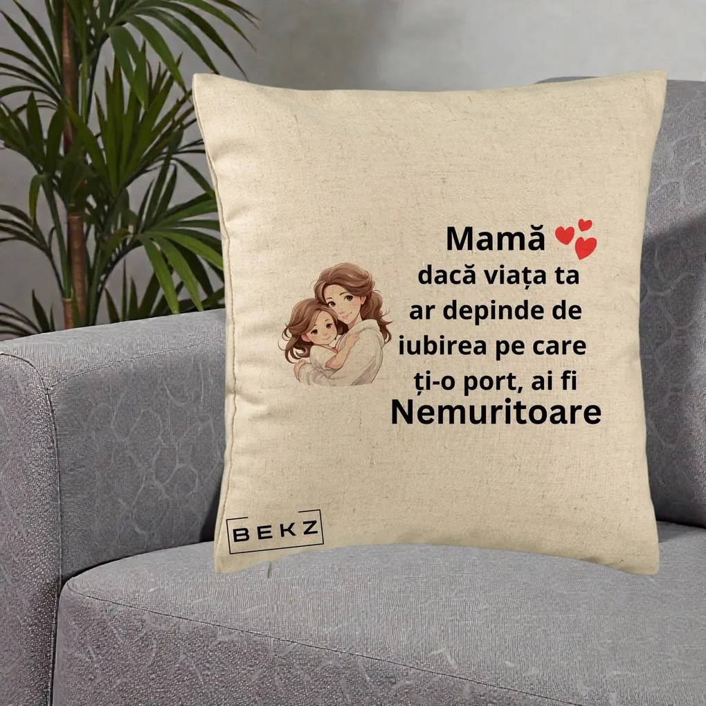 Cadou pentru Mama - Perna Personalizata Mama Nemuritoare cu Balon Inima, 40x40 cm, Bej, Husa Detasabila, Perna Inclusa, BEKZ®