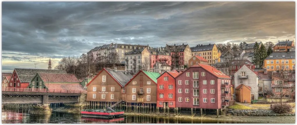 Tablou - Case lângă râu (120x50 cm)