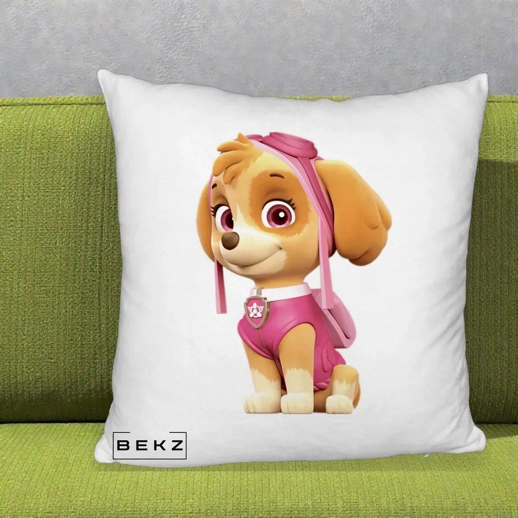 Perna Personalizata Skye PAW Patrol Roz, 40x40 cm, Alb Pufos, Husa Detasabila, Perna Inclusa, BEKZ®