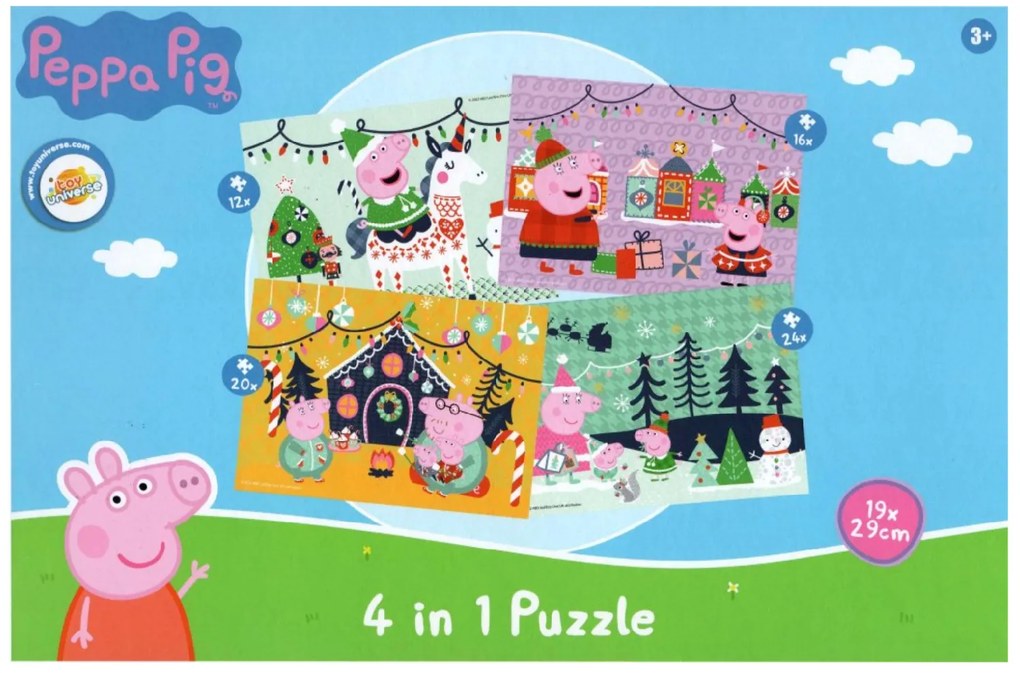 Puzzle pentru copii 4 in 1 PEPPA PIG si Spritul Craciunului, 19x29 cm