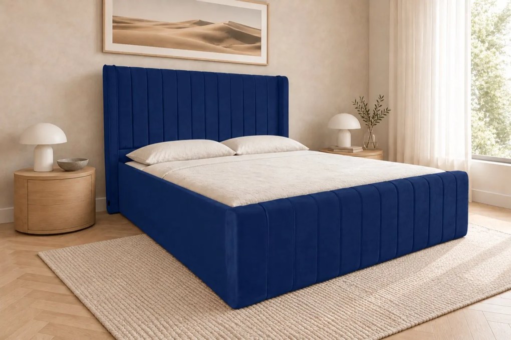 Pat tapițat din catifea Aurelia Simple 140×200 cm, bleumarin, cu ladă de depozitare