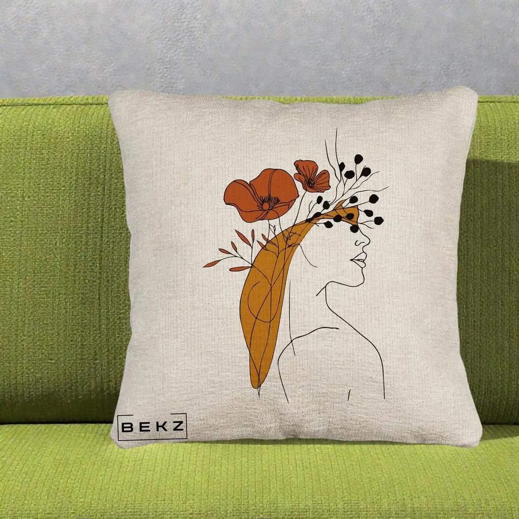 Perna Decorativa Portret Feminin Maci Rosii Auriu, 40x40 cm, Bej Canapea, Husa Detasabila, Perna Inclusa, BEKZ®