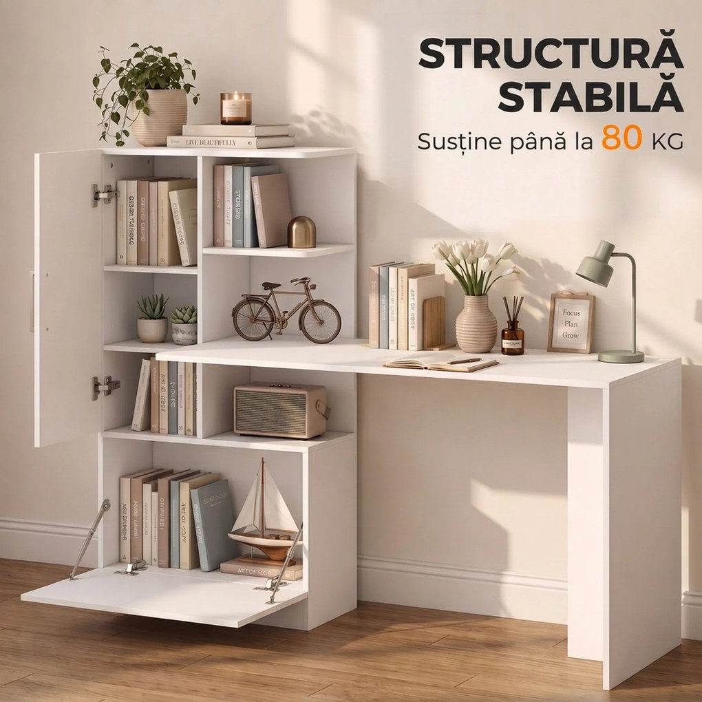 HOMCOM Birou pentru calculator cu bibliotecă și dulap, 150 cm, alb | Aosom Romania