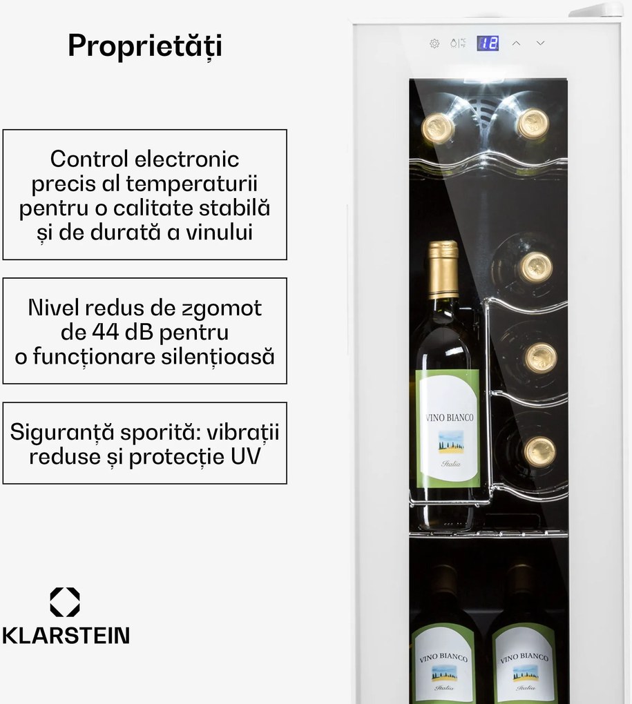 Klarstein Shiraz 12 Slim, vinotecă, 32 l, 12 sticle, 85 W, 5–18°C, panou de control tactil.