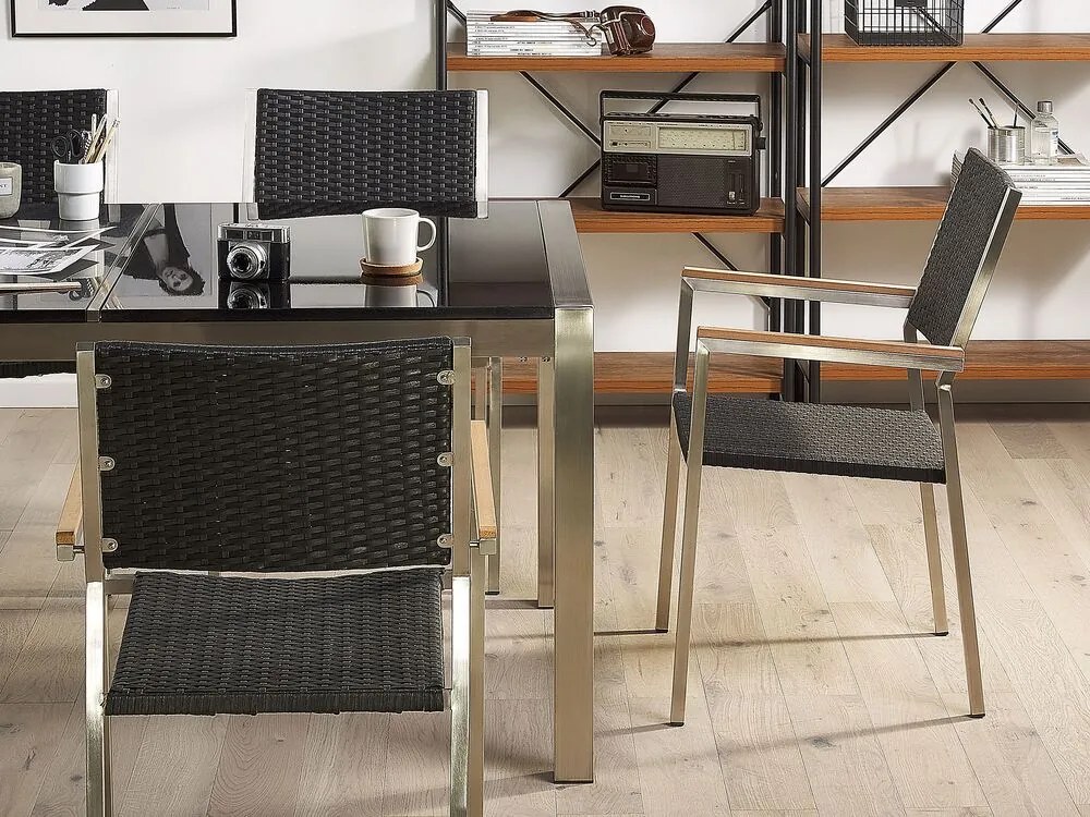 Set de masă pentru grădină Grosso (negru) (blat din sticlă 180x90 cm) (scaune din ratan) (sticlă). 1011749