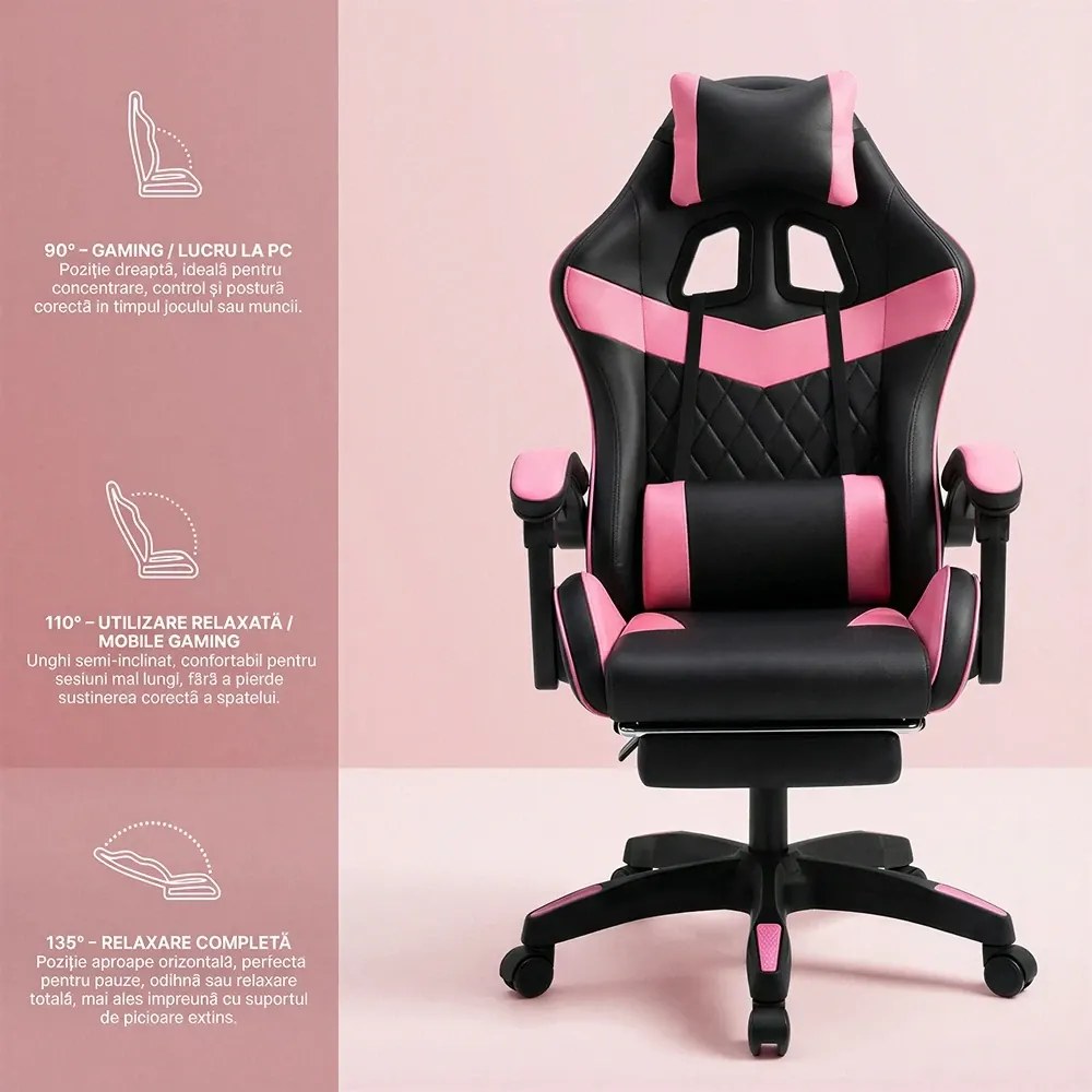 RESIGILAT- Scaun gaming, sistem iluminare bandă LED RGB, masaj în perna lombară, suport picioare, Negru/Roz