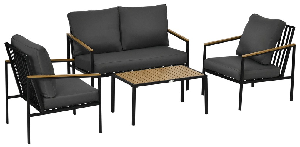 Outsunny Set mobilier de grădină 4 piese 4 persoane cu canapea cu 2 locuri fotolii și masă de cafea 8 perne negru gri închis | Aosom Romania