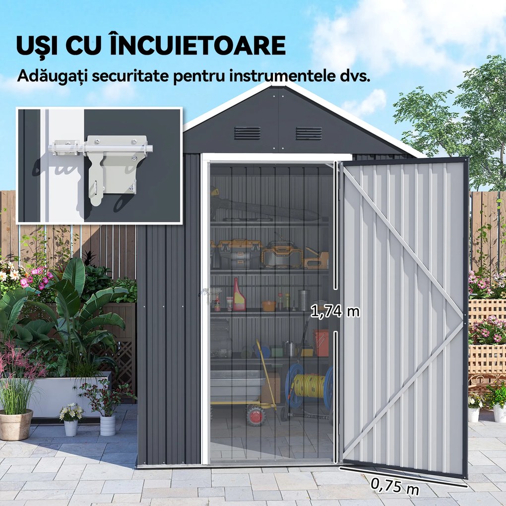 Outsunny Magazie de Grădină din Oțel Galvanizat și PP cu 4 Guri de Aerisire și Fereastră, 259x171x222 cm, Gri și Alb | Aosom Romania