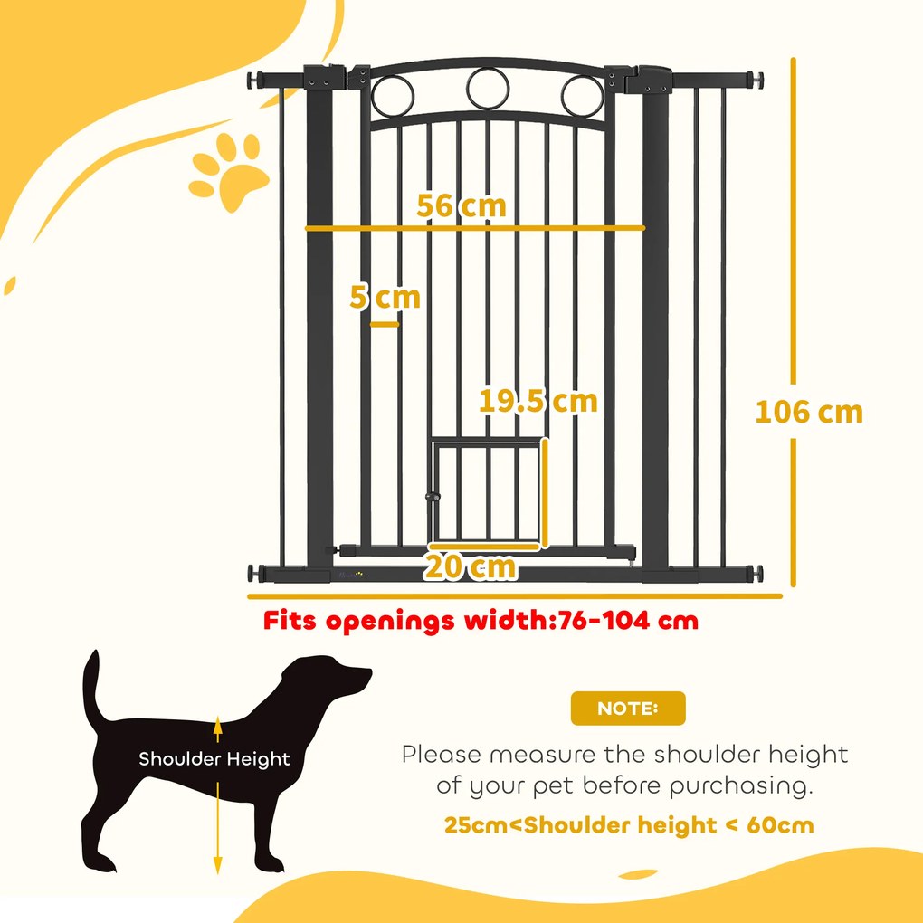 PawHut Poartă pentru animale de companie înaltă de 106 cm cu lățime reglabilă, ușă integrată pentru pisici, pentru scări și tocuri de ușă, Negru | Aosom Romania