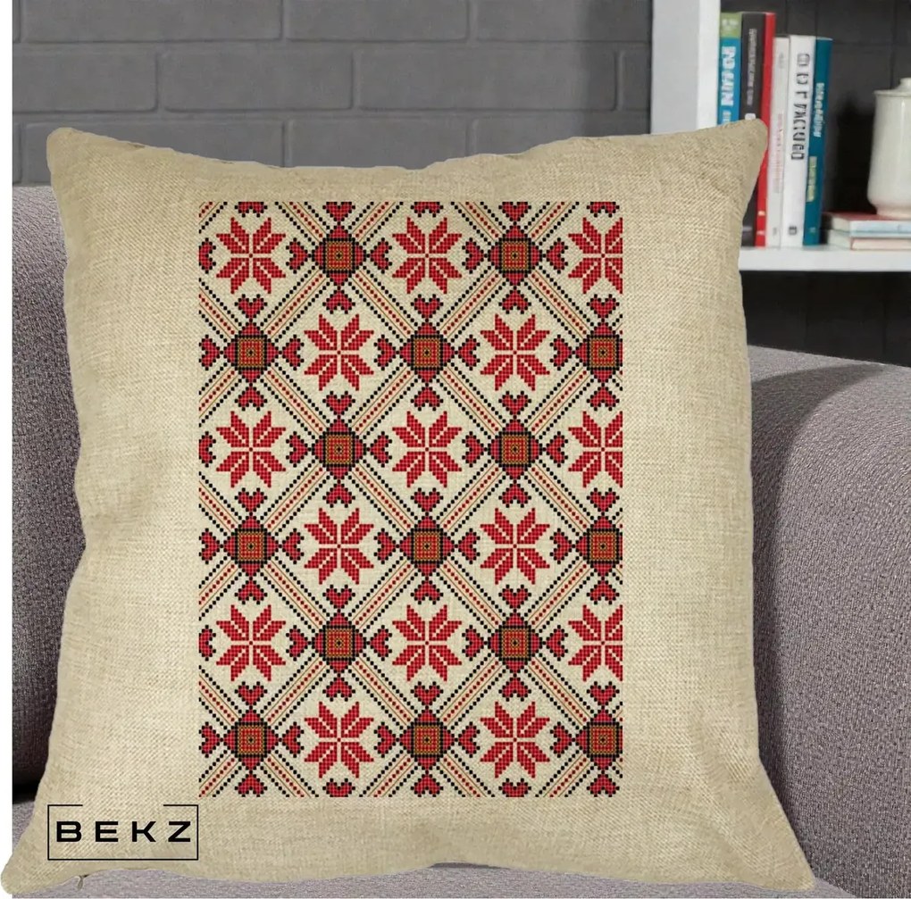 Perna Personalizata Motiv Traditional Ie Romaneasca Rosu, 40x40 cm, Crem, Husa Detasabila, Perna Inclusa, BEKZ®