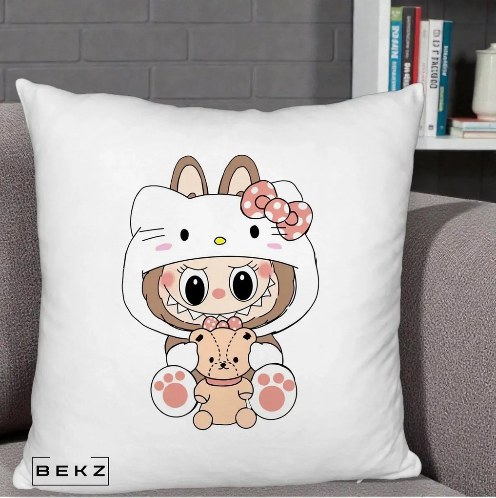Perna Personalizata Labubu x Hello Kitty, 40x40 cm, Alb Pufos, Husa Detasabila, Perna Inclusa, BEKZ®