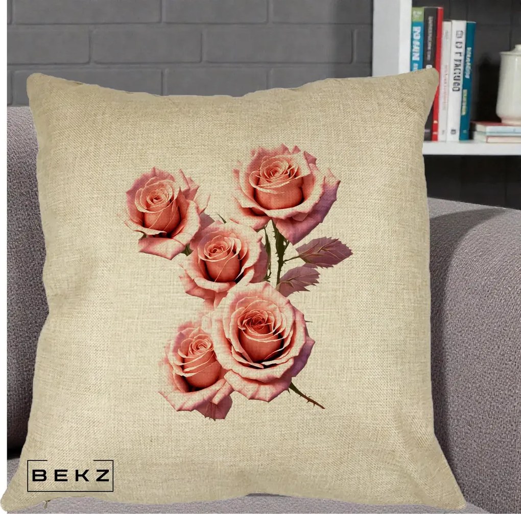 Perna Decorativa Trandafiri Roz Pastel Acuarela, 40x40 cm, Crem, Husa Detasabila, Perna Inclusa, BEKZ®