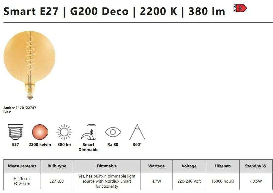 Bec de dimensiuni mari Smart E27 G200 Deco 2200K 380Lm Amber