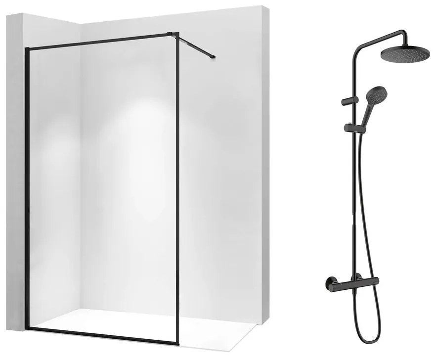 Pachet paravan dus Walk-In Rea Bler-1 negru 80x195 cm si coloana de dus Hansgrohe Vernis Blend negru