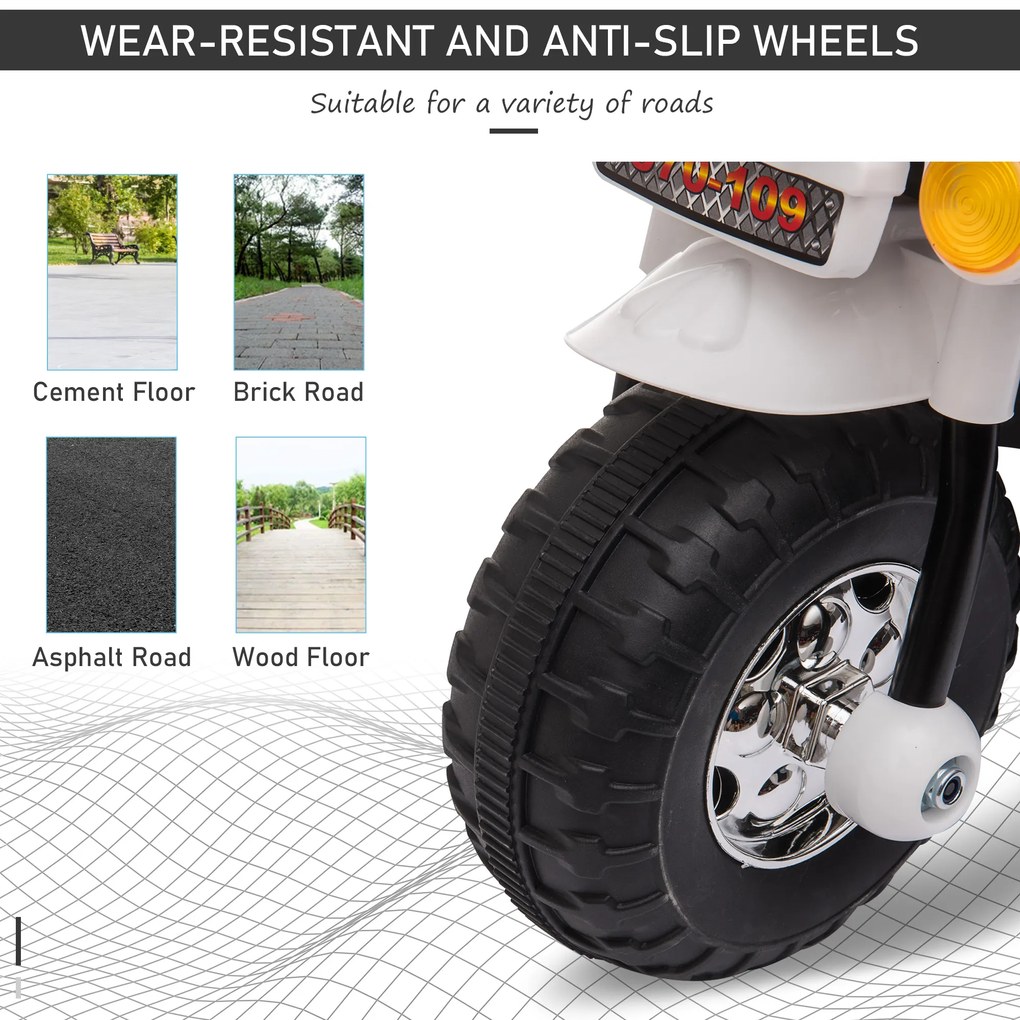 Motocicleta Electrica pentru copii HOMCOM 18-36 luni, baterie de 6V, PP Otel, Alba | AOSOM RO