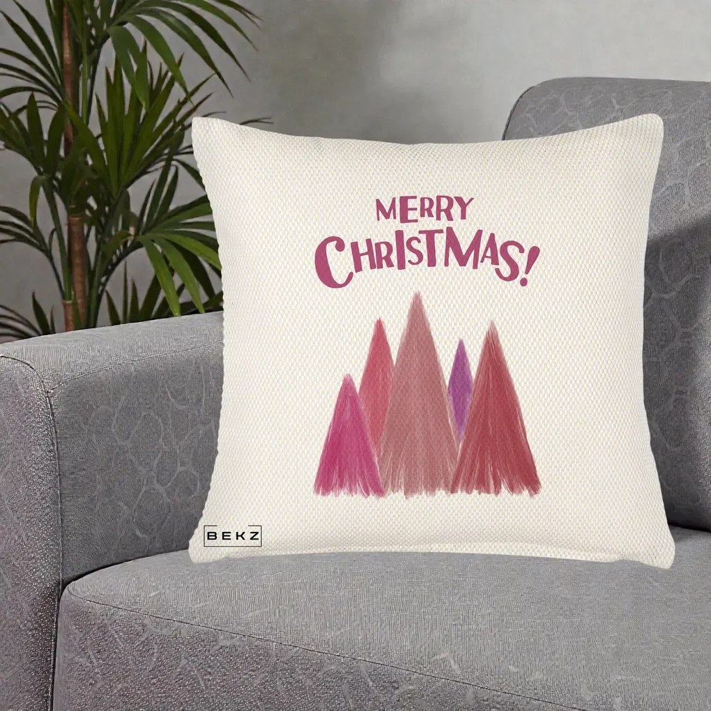 Perna Decorativa Merry Christmas Brazi Roz, 40x40 cm, Crem Reliefat, Husa Detasabila, Perna Inclusa, BEKZ®