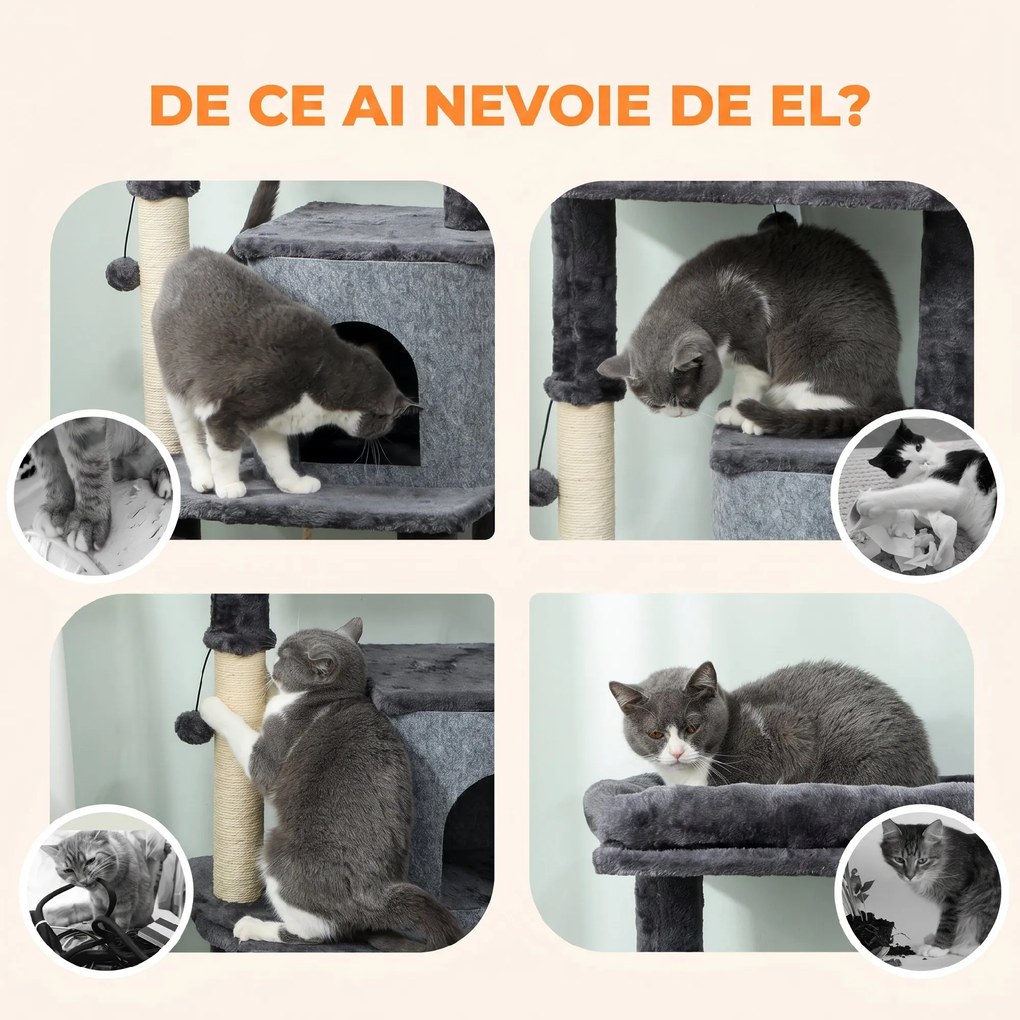 PawHut Ansamblu Multinivel pentru Pisici, 132 cm, cu Căsuță, Culcuș, Stâlpi de Zgâriat, Perie și Minge, Gri Închis | Aosom Romania