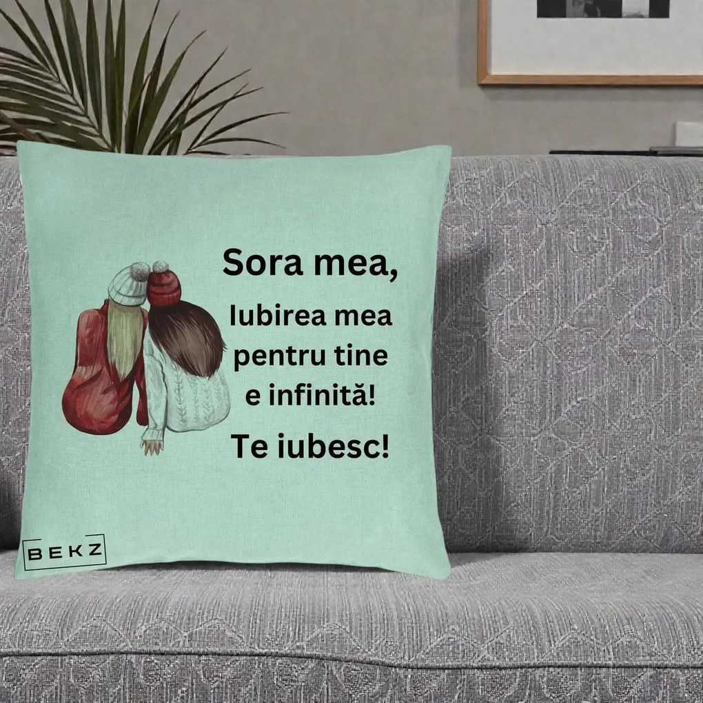 Cadou pentru Sora - Perna Personalizata Sora Mea Te Iubesc Doua Fete Iarna Acuarela, 40x40 cm, Verde Menta, Husa Detasabila, Perna Inclusa, BEKZ®