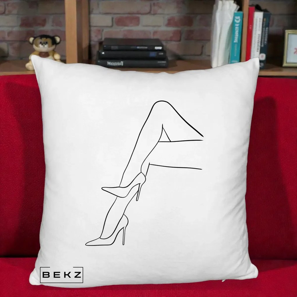 Perna Decorativa Picioare cu Tocuri Line Art, 40x40 cm, Alb Pufos, Husa Detasabila, Perna Inclusa, BEKZ®