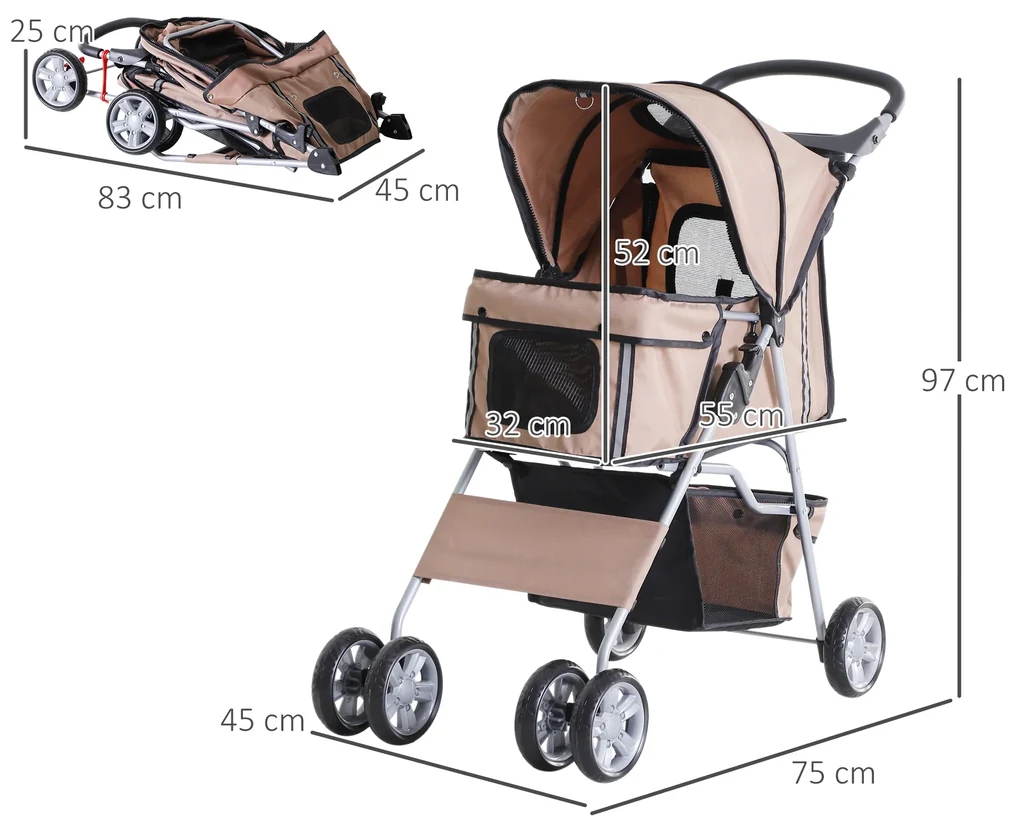 PawHut Cărucior pentru Câini de până la 10 kg, 75x45x97 cm, Maro | Aosom Romania