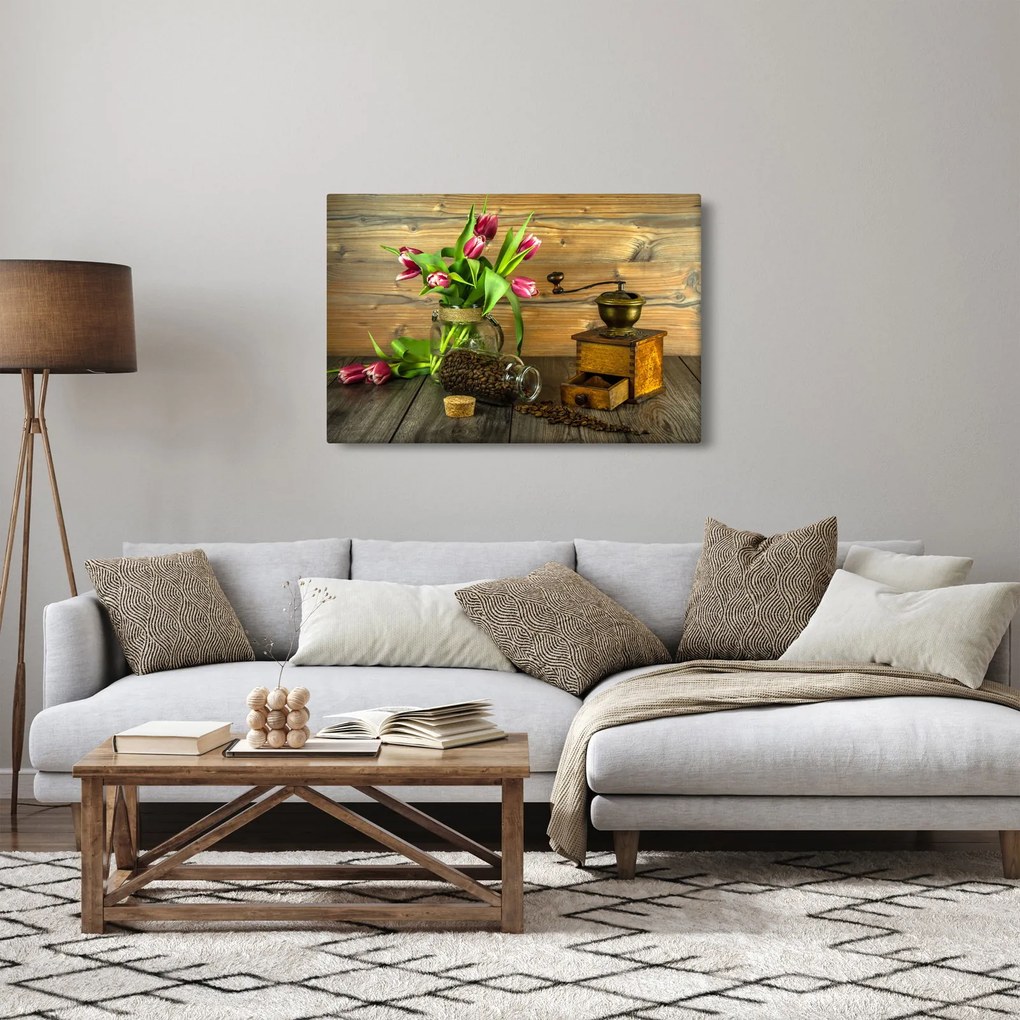 Tablou - lalele, râșniță și cafea (90x60 cm)