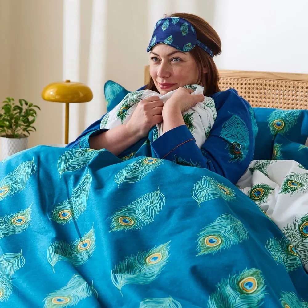 Lenjerie de pat albă/albastru-verde din bumbac pentru pat dublu-extinsă 230x220 cm Peacock Feather – Their Nibs