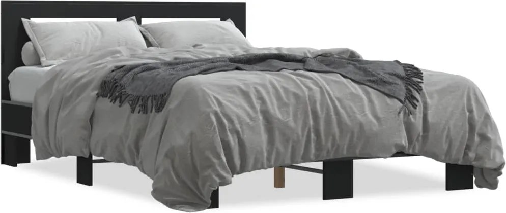 vidaXL Cadru de pat, negru, 135x190 cm, lemn prelucrat și metal