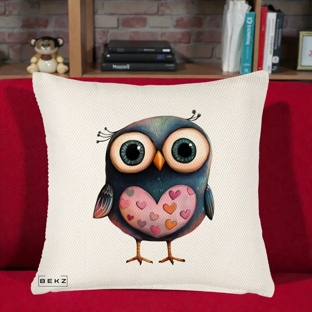 Perna Decorativa Bufnita cu Inimioare Roz, 40x40 cm, Crem Reliefat, Husa Detasabila, Perna Inclusa, BEKZ®