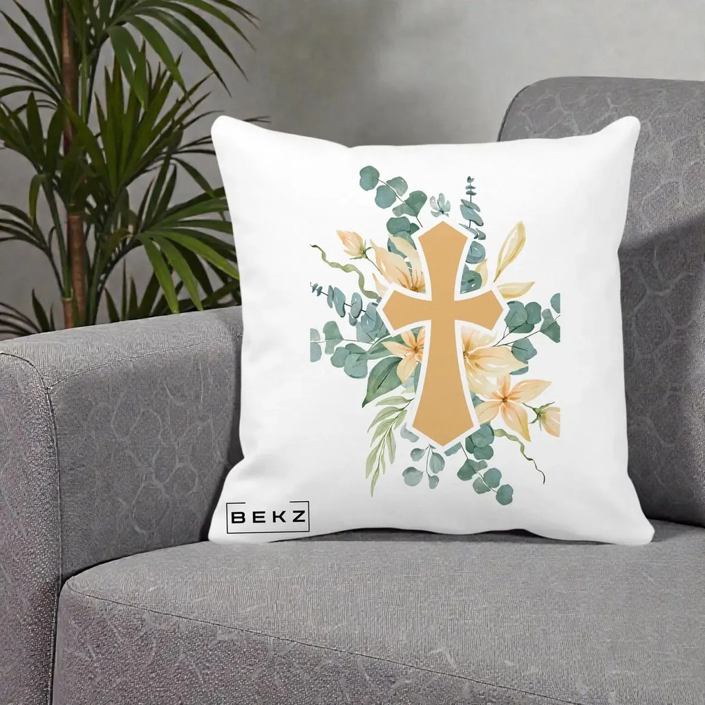Perna Personalizata Cruce Florala Botez, 40x40 cm, Alba Mata, Husa Detasabila, Perna Inclusa, BEKZ®