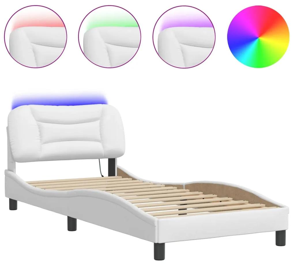 3213907 vidaXL Cadru de pat cu lumini LED, alb, 90x200 cm, piele ecologică