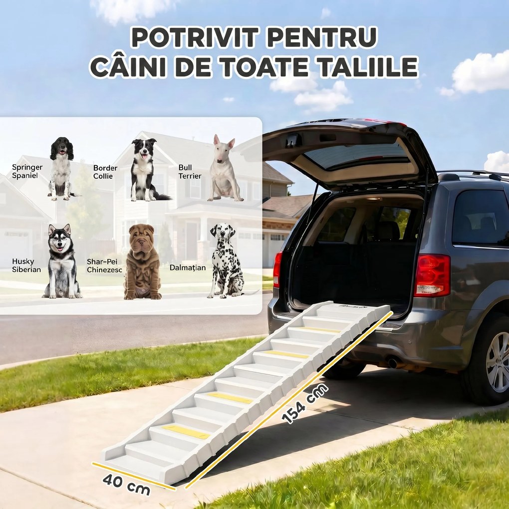 PawHut Rampă Pliabilă pentru Câini pentru Mașină și Paturi Înalte, cu 10 Trepte, Benzi și Covorașe Antiderapante, Albă | Aosom Romania