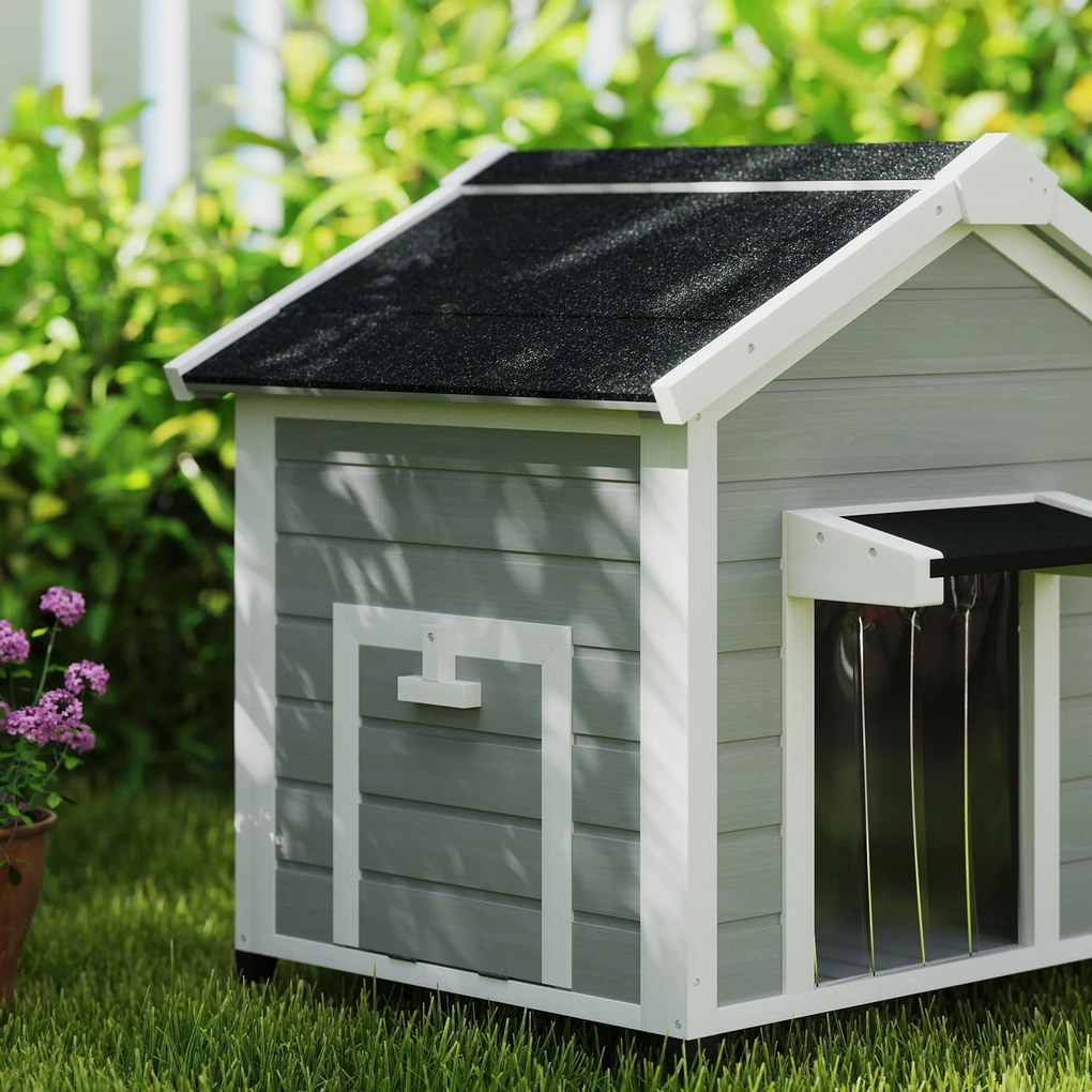 PawHut Niche pentru câini exterioară din lemn masiv casă pentru câini cu acoperiș deschis cort de ușă 95 x 68 x 76 cm gri deschis | Aosom Romania