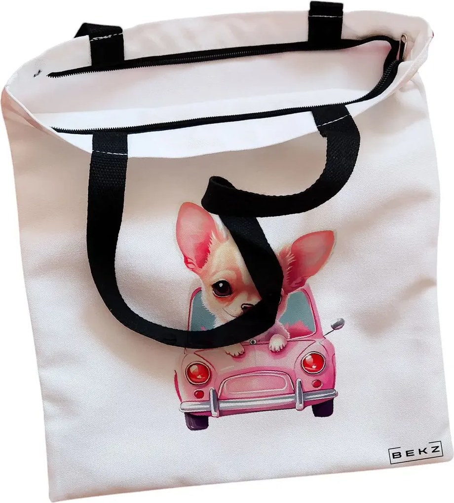 Sacosa de Panza pentru Cumparaturi, Geanta Tote, model Chihuahua the Driver, Cu fermoar, 38x34.5 cm, Alba, BEKZ®