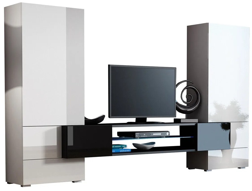 Mobilă pentru sufragerie Charlotte 102 Alb lucios, Negru lucios, Solid, Cu comodă tv, MDF, PAL laminat, 162x277x46cm, 120 kg