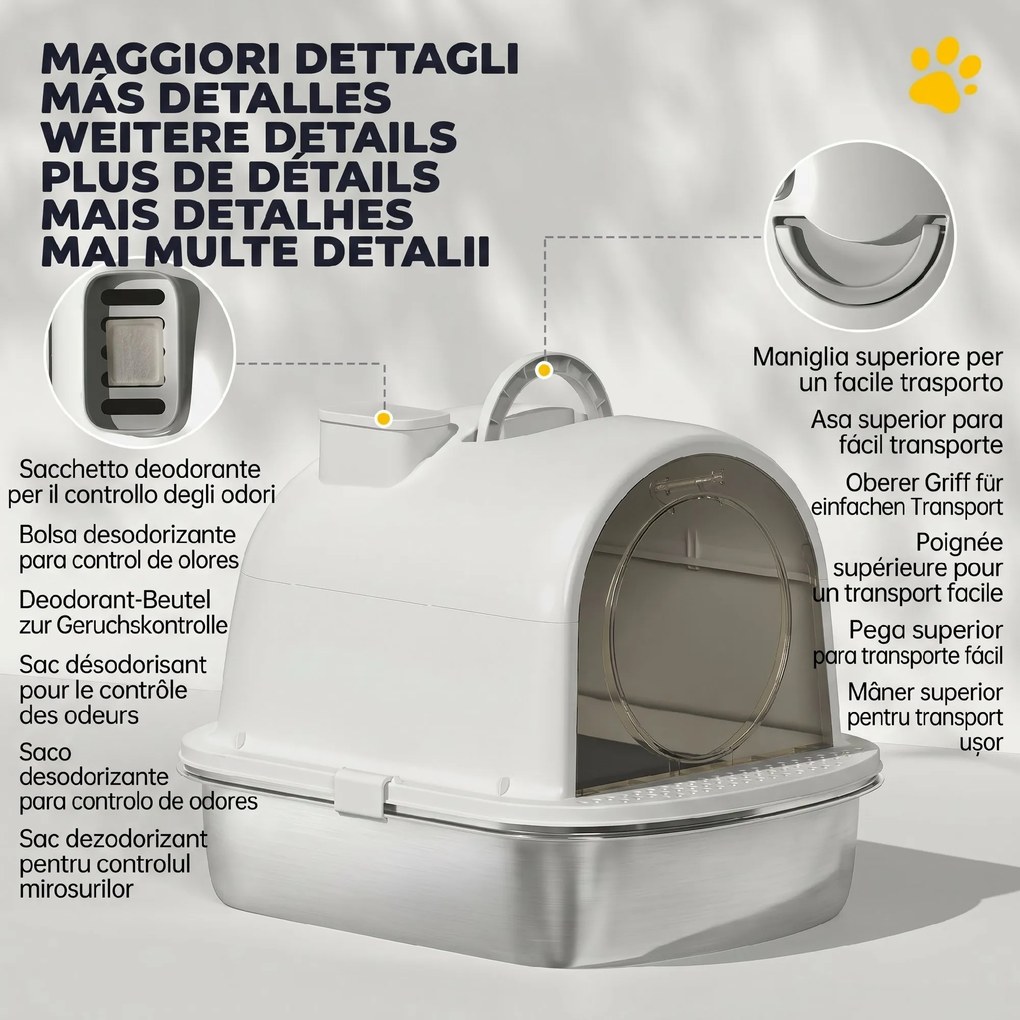 PawHut Litieră închisă pentru pisici, L, din oțel inoxidabil, cu mâner, lopățică și deodorant, anti-împrăștiere, gri | Aosom Romania