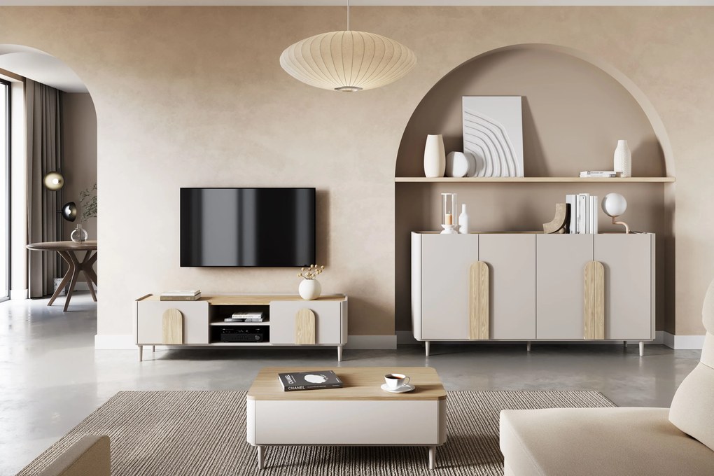 Comodă cu patru uși pe picioare Amilio 200 cm - cașmir / stejar uleiat / mânere stejar deschis