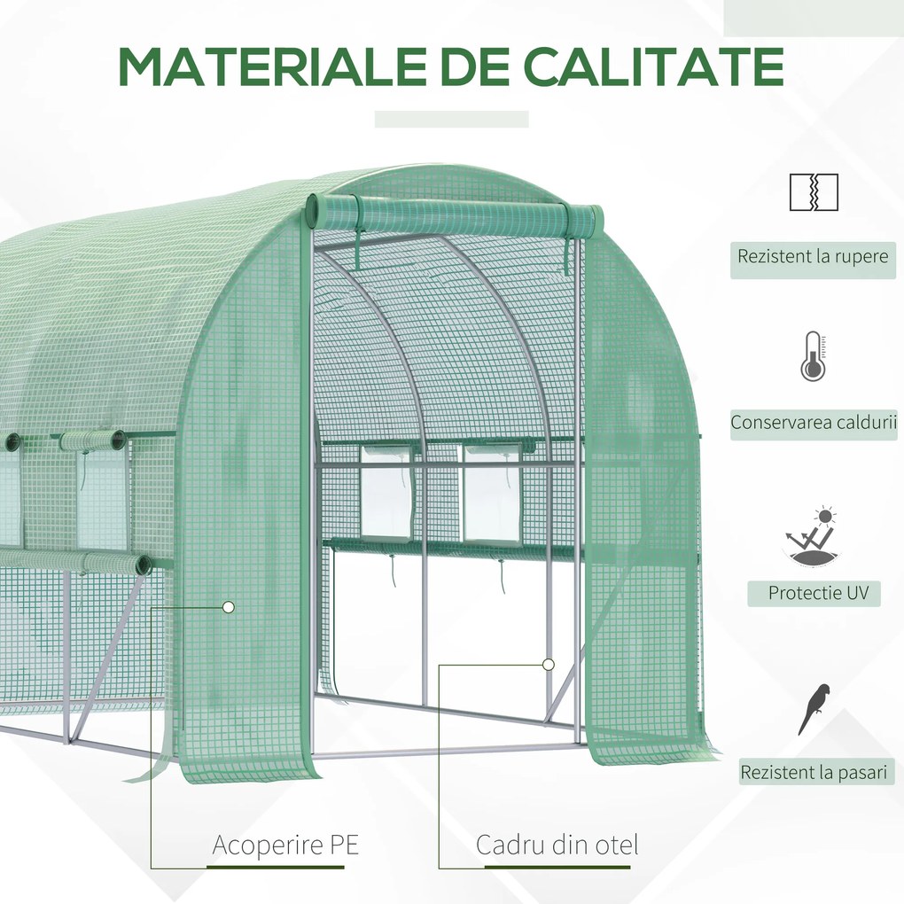 Outsunny Sera de Grădină Tip Tunel 3x2x2 m cu Ușă Rulabilă și 6 Ferestre cu Plasă, Sera pentru Grădină cu Structură din Oțel și Acoperire PE, pentru Legume, Flori, Fructe, Anti UV, Verde | Aosom Romania