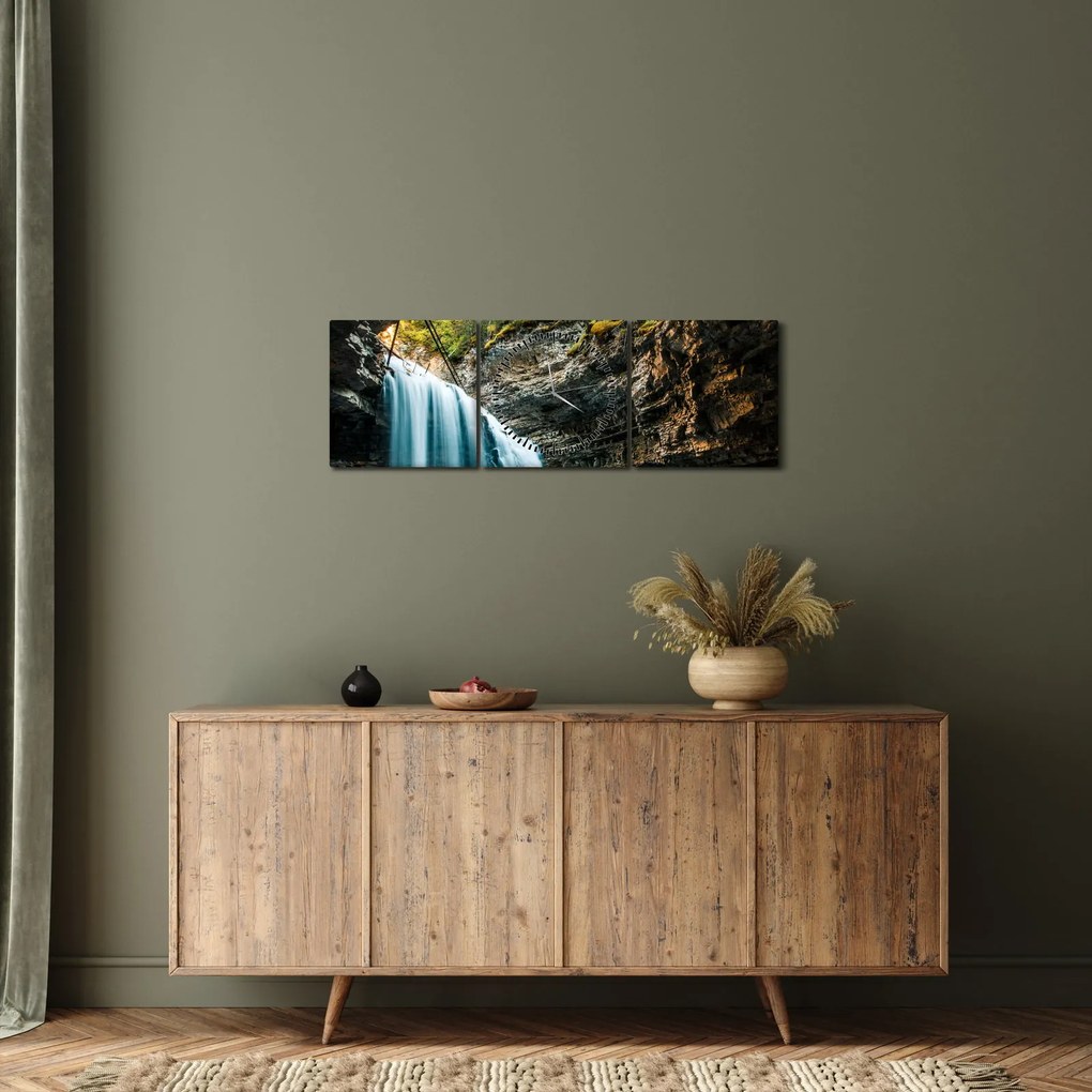 Tablou cu cascada de pădure (cu ceas) (90x30 cm)
