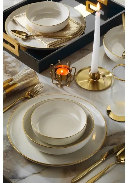 Set de masă, 18 piese, porțelan, bej/auriu