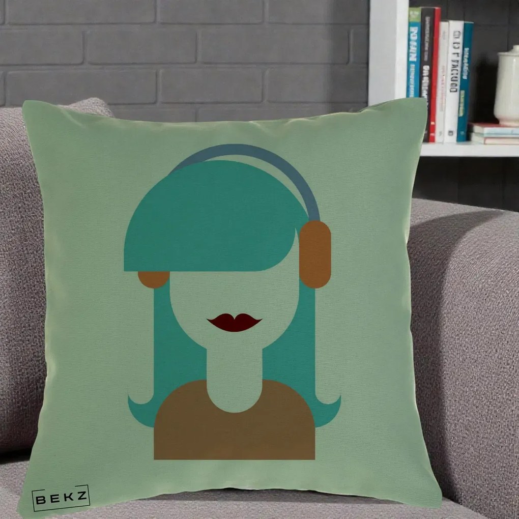 Perna Decorativa Fata cu Casti Muzica Grafic, 40x40 cm, Verde, Husa Detasabila, Perna Inclusa, BEKZ®