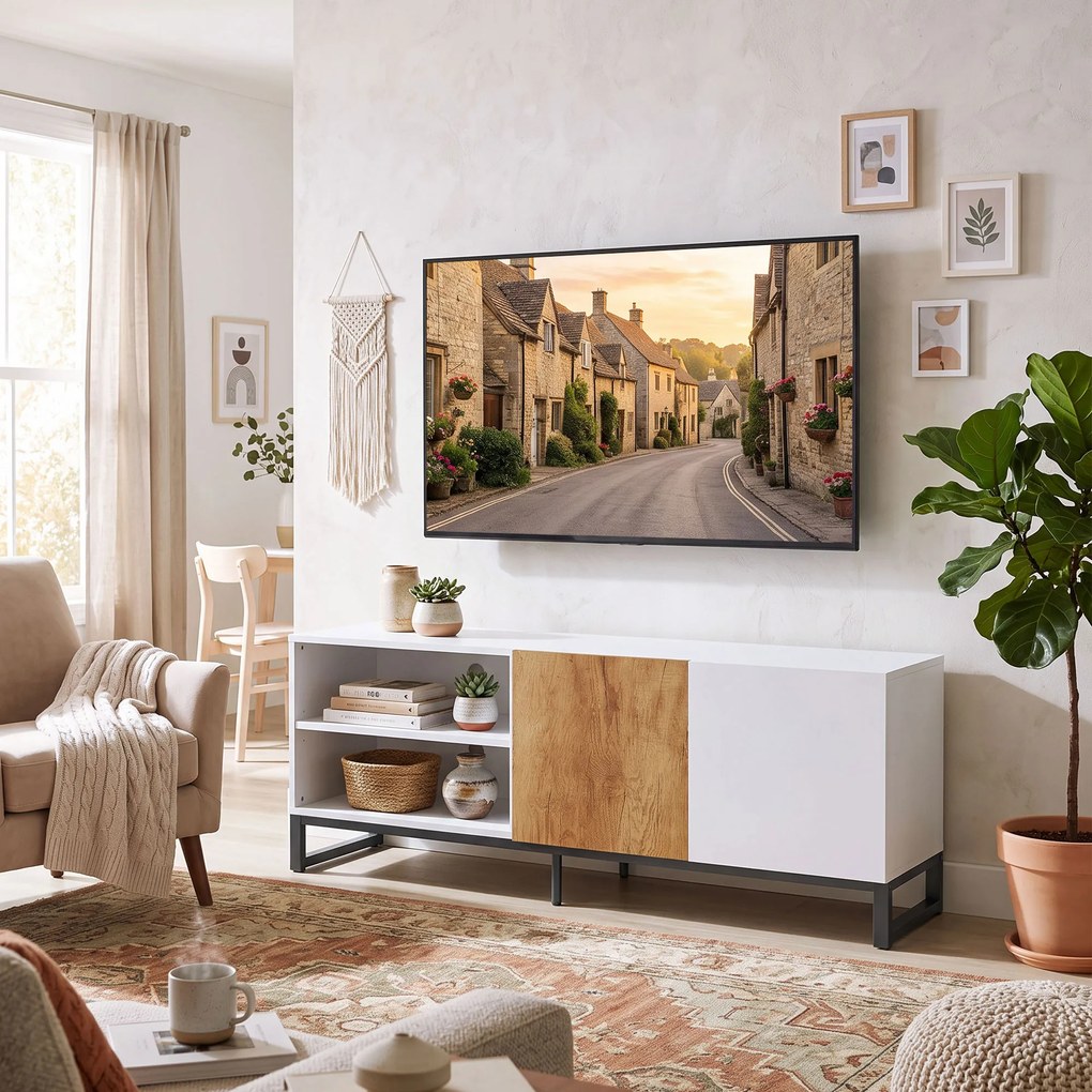 HOMCOM Comodă TV cu Rafturi Reglabile și Ușă Soft-Close, PAL și Oțel, 140x36,5x50 cm, Alb și Stejar | Aosom Romania