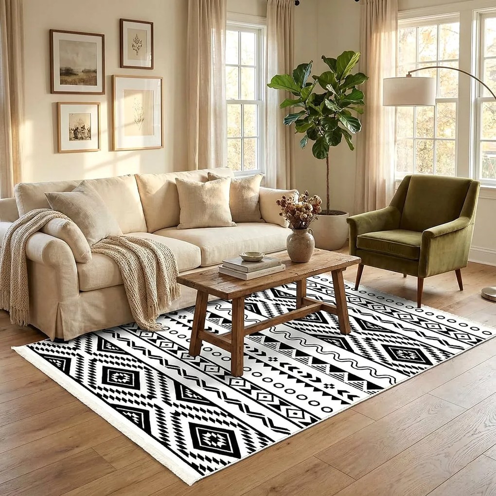 Covor camera antiderapant, 80x200 cm, etnic alb-negru, Model Tribal