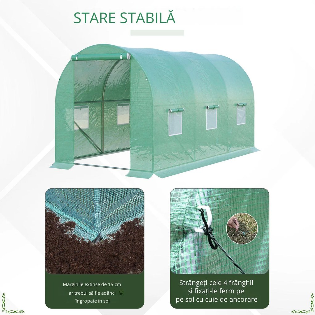 Outsunny Seră de Grădină Tunel 8 m² 4L x 2l x 1,9H m Oțel galvanizat renforțat diametru 2,4 cm + Polietilenă cu densitate ridicată ferestre ușă Verde | Aosom Romania