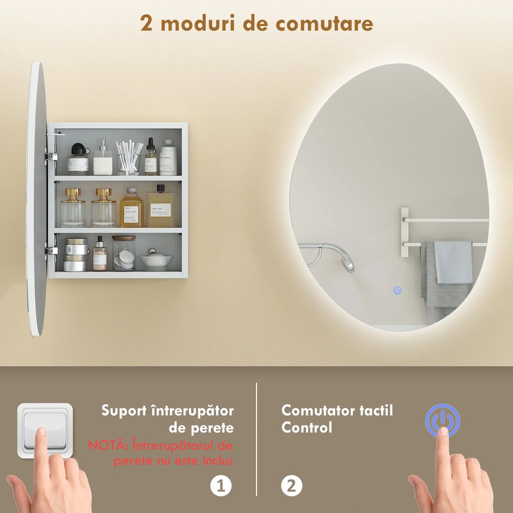 HOMCOM Dulap Baie LED, Anti-Condens, Iluminare Reglabilă 3 Tonuri, Alb, Montare pe Perete | Aosom Romania