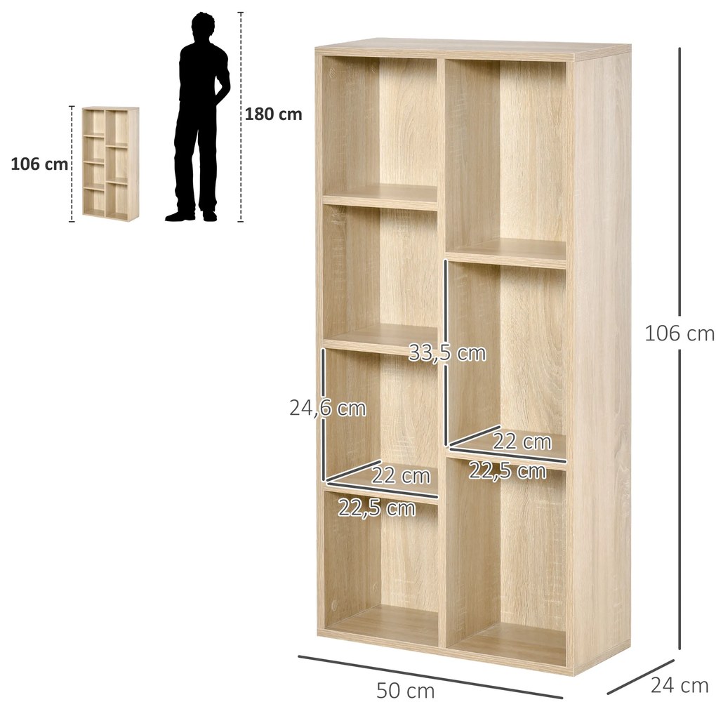 HOMCOM Bibliotecă de Lemn Raft de Cărți cu 7 Compartimente pentru Plante Fișiere 50x24x106 cm Roble | Aosom Romania