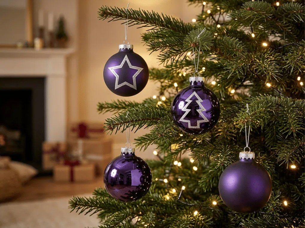 Set 12 bucati decoratiuni de Craciun PURPLE JOY din sticla 7,5 cm, violet