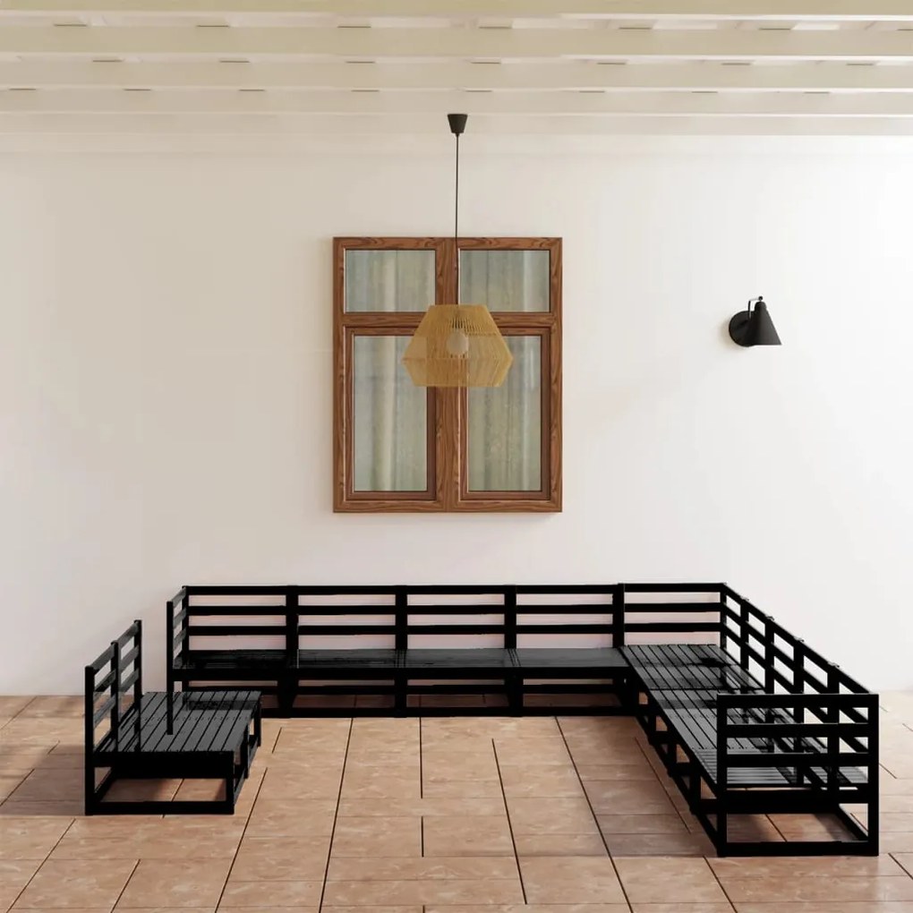 vidaXL Set mobilier de grădină, 11 piese, negru lemn masiv pin