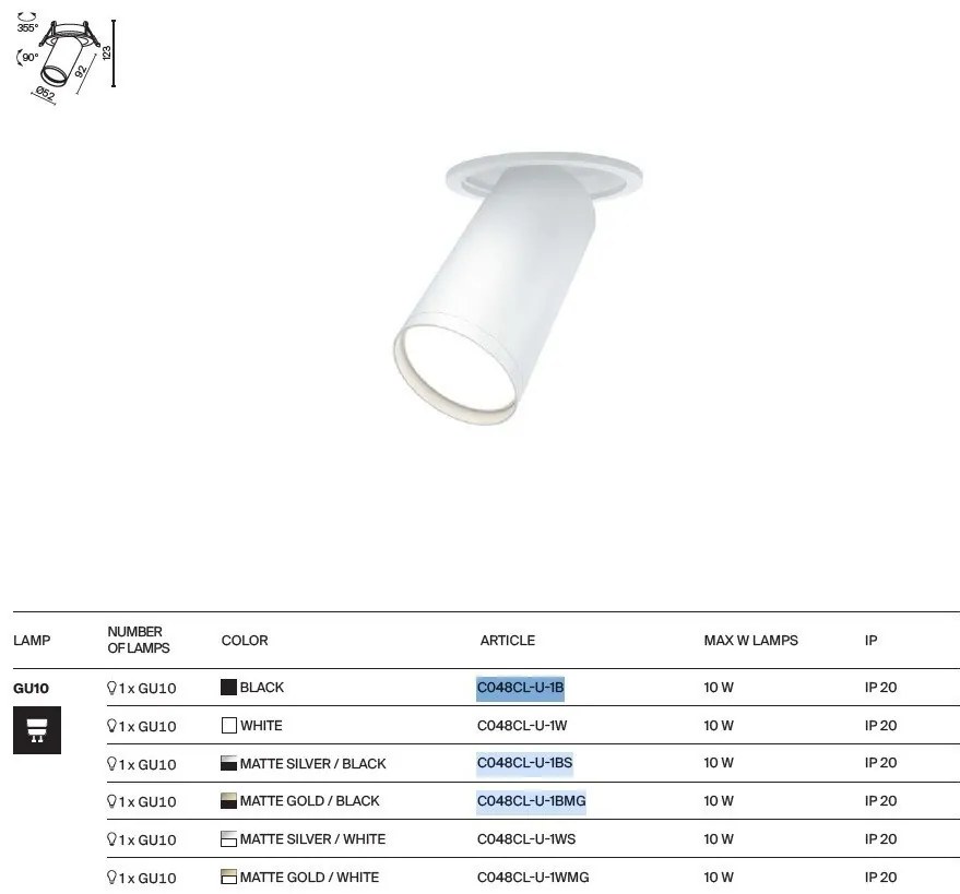 Spot incastrabil design tehnic Focus S negru, argintiu